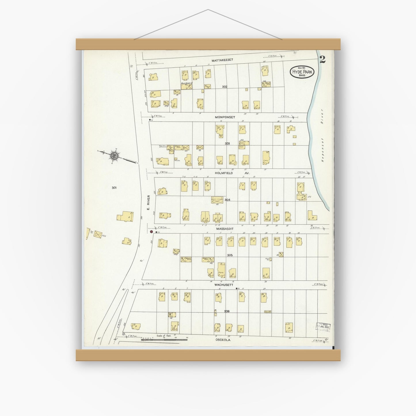 Old map wall art mockup — magnetic wood frame on white wall — Sanborn Fire Insurance Map from Hyde Park, Norfolk County, Massachusetts (1911), Sheet #0002