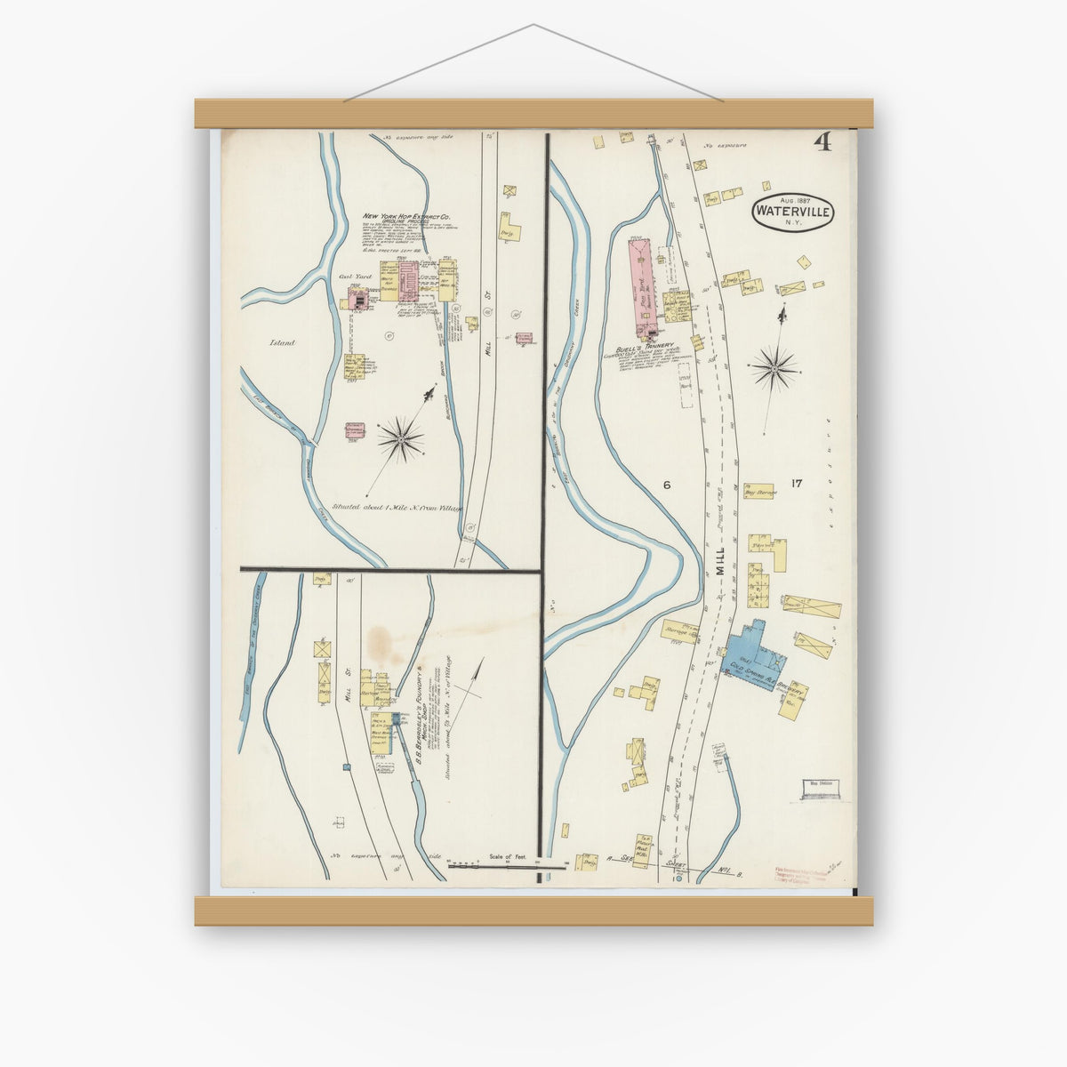 Old map wall art mockup — magnetic wood frame on white wall — Sanborn Fire Insurance Map from Waterville, Oneida County, New York (1887), Sheet #0004