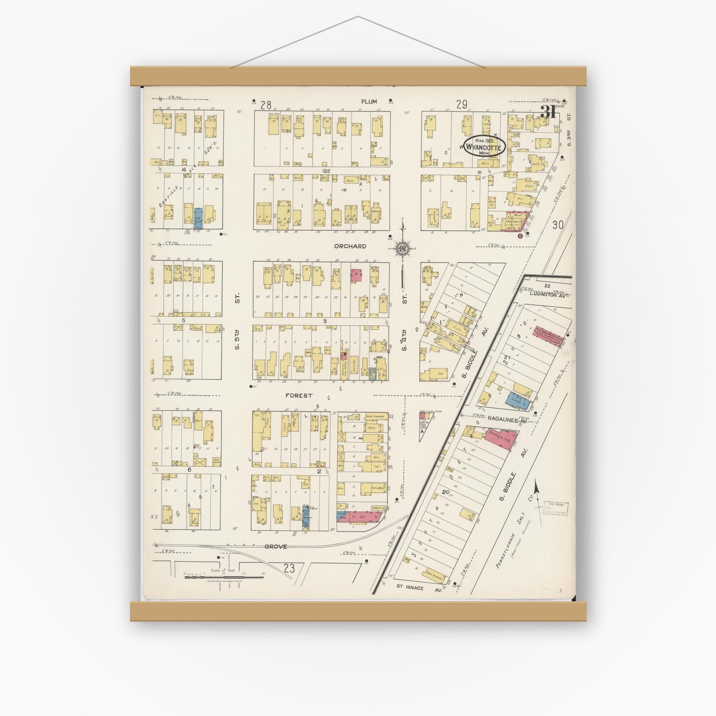Old map wall art mockup — magnetic wood frame on white wall — Sanborn Fire Insurance Map from Wyandotte, Wayne County, Michigan (1922), Sheet #0031
