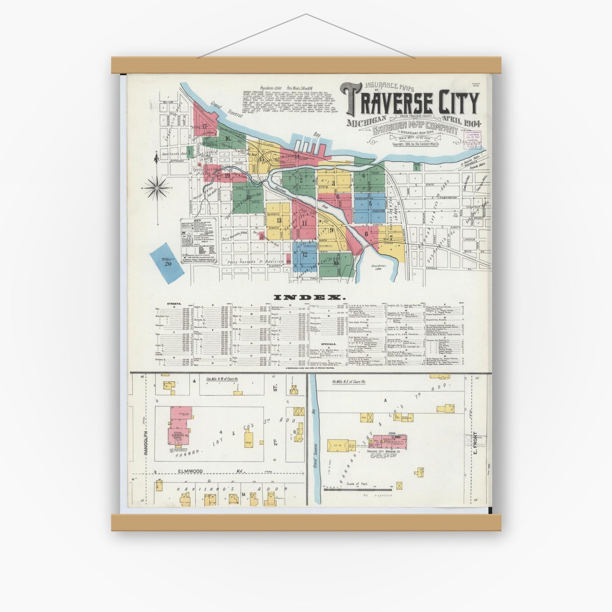 Old map wall art mockup — magnetic wood frame on white wall — Sanborn Fire Insurance Map from Traverse City, Grand Traverse County, Michigan (1904) - Complete Map Set