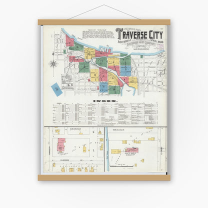 Old map wall art mockup — magnetic wood frame on white wall — Sanborn Fire Insurance Map from Traverse City, Grand Traverse County, Michigan (1904) - Complete Map Set