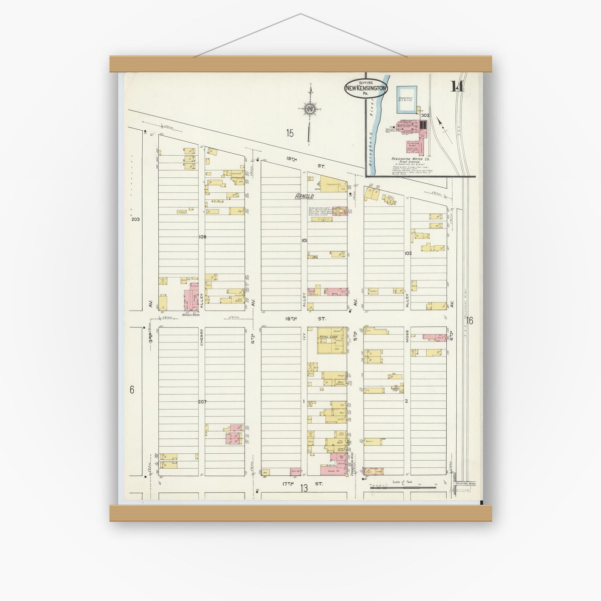 Old map wall art mockup — magnetic wood frame on white wall — Sanborn Fire Insurance Map from New Kensington, Westmoreland County, Pennsylvania (1915), Sheet #0014