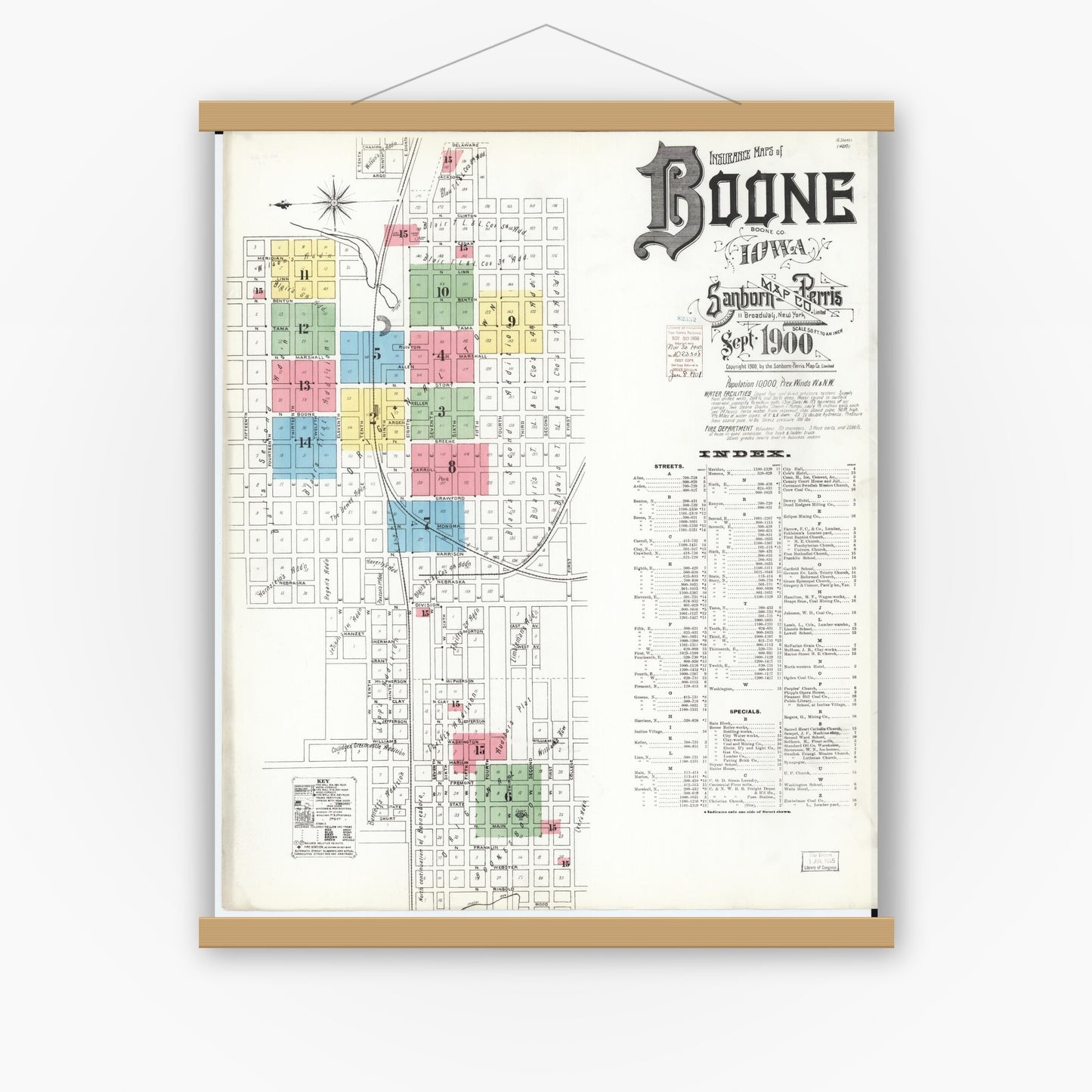 Old map wall art mockup — magnetic wood frame on white wall — Sanborn Fire Insurance Map from Boone, Boone County, Iowa (1900) â€” Complete Set