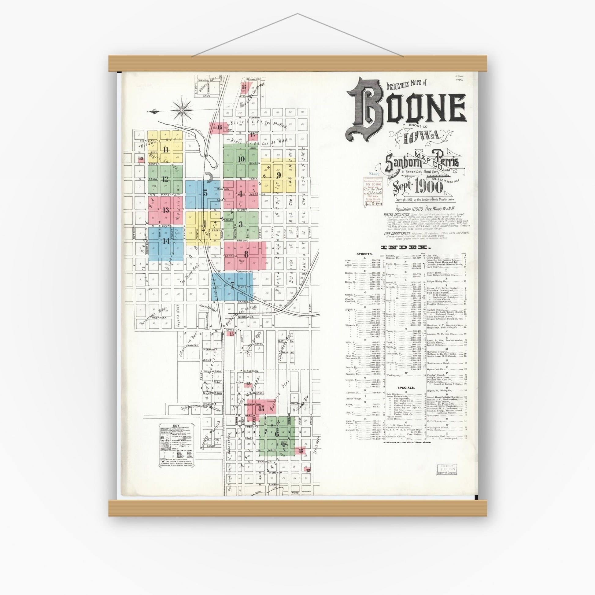 Old map wall art mockup — magnetic wood frame on white wall — Sanborn Fire Insurance Map from Boone, Boone County, Iowa (1900) â€” Complete Set