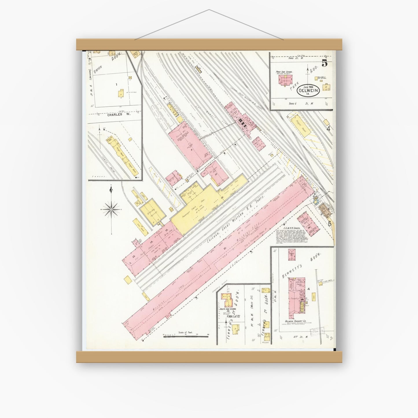 Old map wall art mockup — magnetic wood frame on white wall — Sanborn Fire Insurance Map from Oelwein, Fayette County, Iowa (1906), Sheet #0005