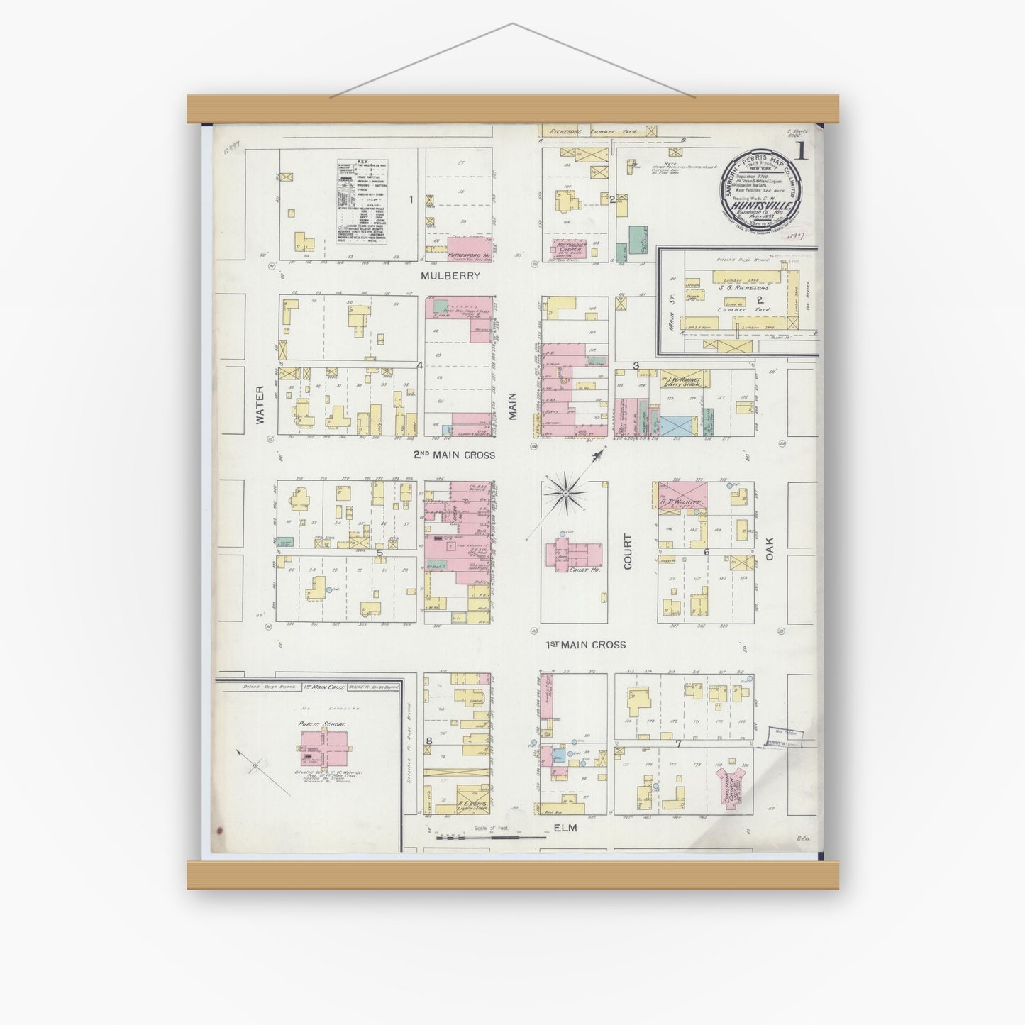 Old map wall art mockup — magnetic wood frame on white wall — Sanborn Fire Insurance Map from Huntsville, Randolph County, Missouri (1893) - Complete Map Set