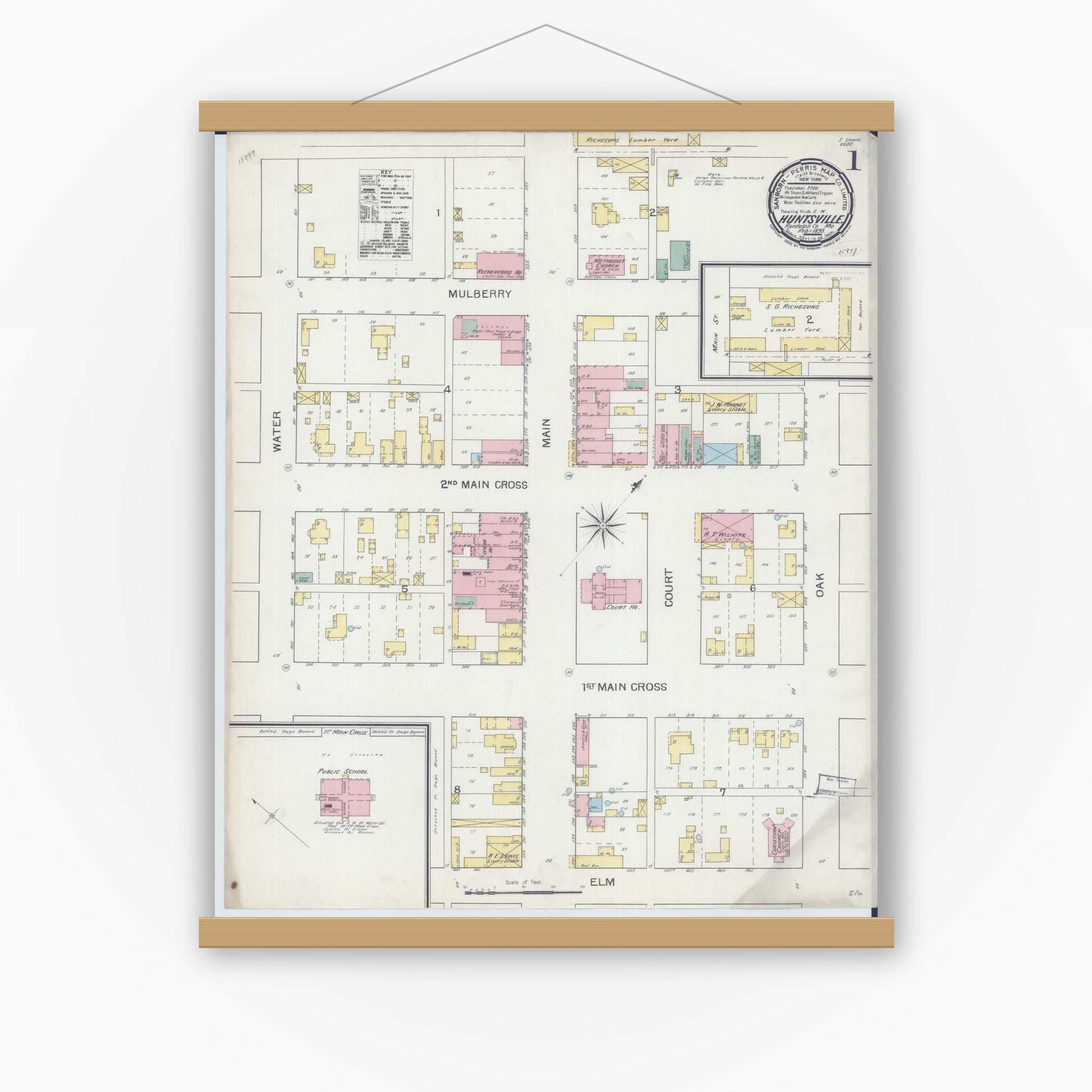 Old map wall art mockup — magnetic wood frame on white wall — Sanborn Fire Insurance Map from Huntsville, Randolph County, Missouri (1893) - Complete Map Set