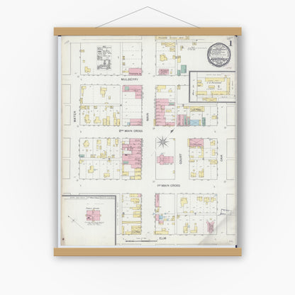 Old map wall art mockup — magnetic wood frame on white wall — Sanborn Fire Insurance Map from Huntsville, Randolph County, Missouri (1893) - Complete Map Set