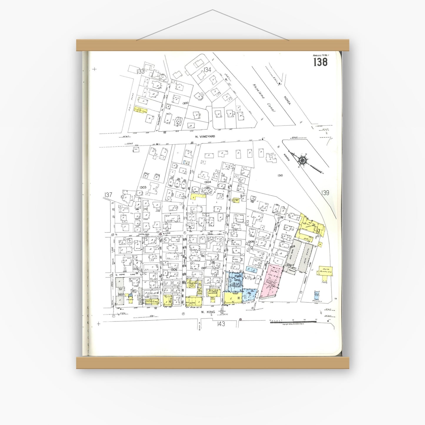 Old map wall art mockup — magnetic wood frame on white wall — Sanborn Fire Insurance Map from Honolulu, Oahu County, Hawaii (1955), Sheet #0138