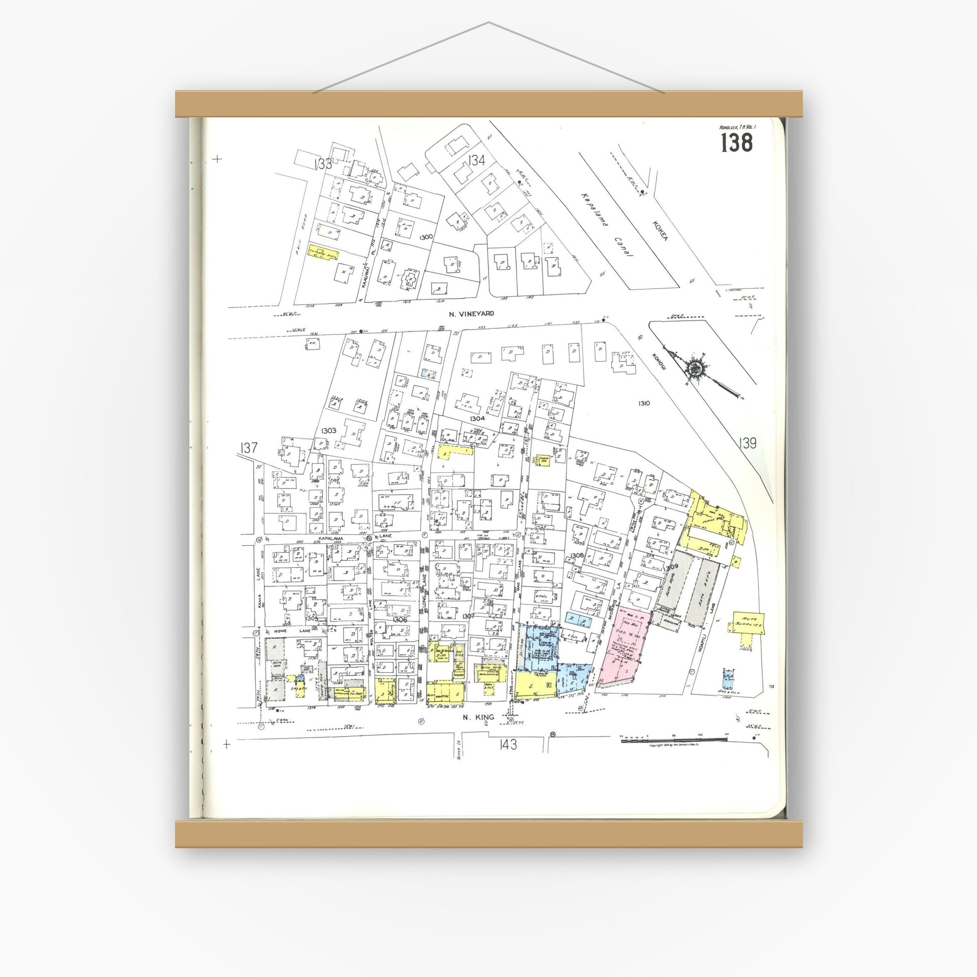 Old map wall art mockup — magnetic wood frame on white wall — Sanborn Fire Insurance Map from Honolulu, Oahu County, Hawaii (1955), Sheet #0138