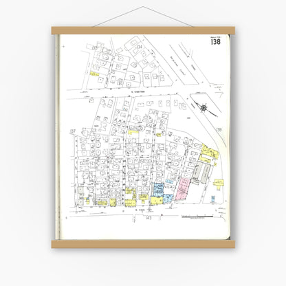 Old map wall art mockup — magnetic wood frame on white wall — Sanborn Fire Insurance Map from Honolulu, Oahu County, Hawaii (1955), Sheet #0138