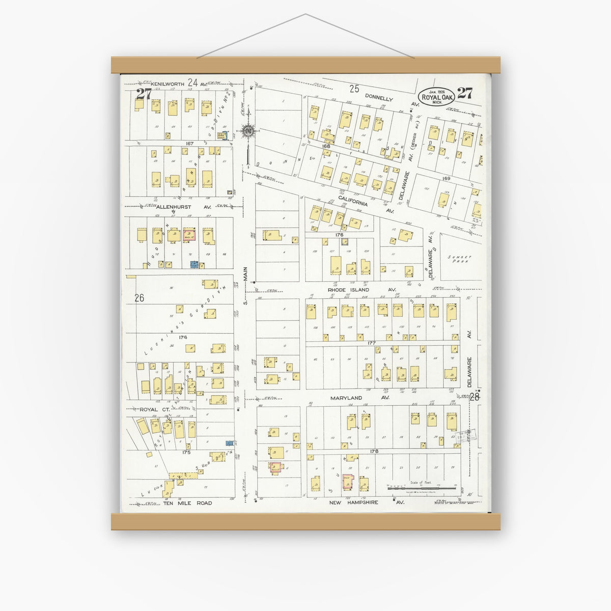Old map wall art mockup — magnetic wood frame on white wall — Sanborn Fire Insurance Map from Royal Oak, Oakland County, Michigan (1926), Sheet #0027