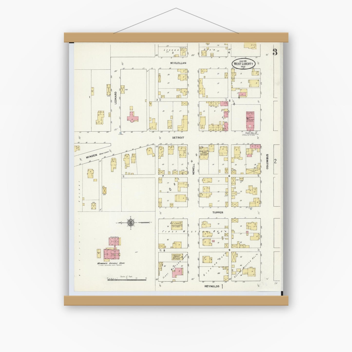 Old map wall art mockup — magnetic wood frame on white wall — Sanborn Fire Insurance Map from West Liberty, Logan County, Ohio (1911), Sheet #0003