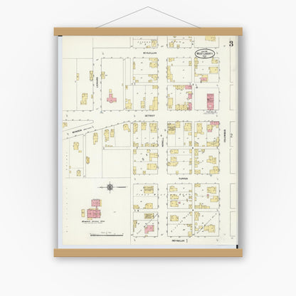 Old map wall art mockup — magnetic wood frame on white wall — Sanborn Fire Insurance Map from West Liberty, Logan County, Ohio (1911), Sheet #0003