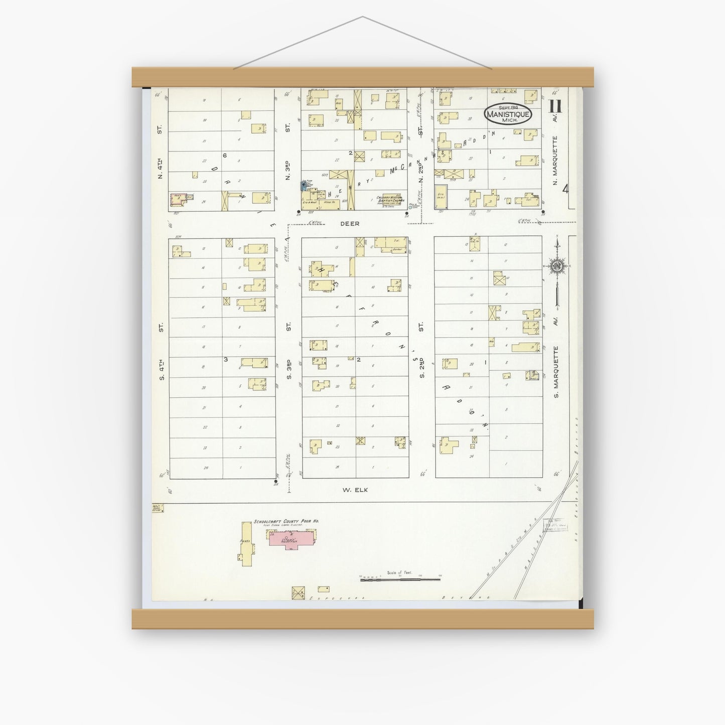 Old map wall art mockup — magnetic wood frame on white wall — Sanborn Fire Insurance Map from Manistique, Schoolcraft County, Michigan (1914), Sheet #0011