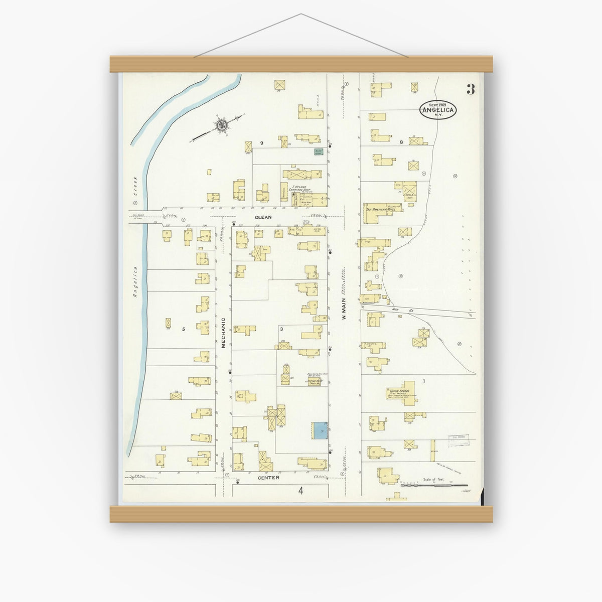 Old map wall art mockup — magnetic wood frame on white wall — Sanborn Fire Insurance Map from Angelica, Allegany County, New York (1909), Sheet #0003
