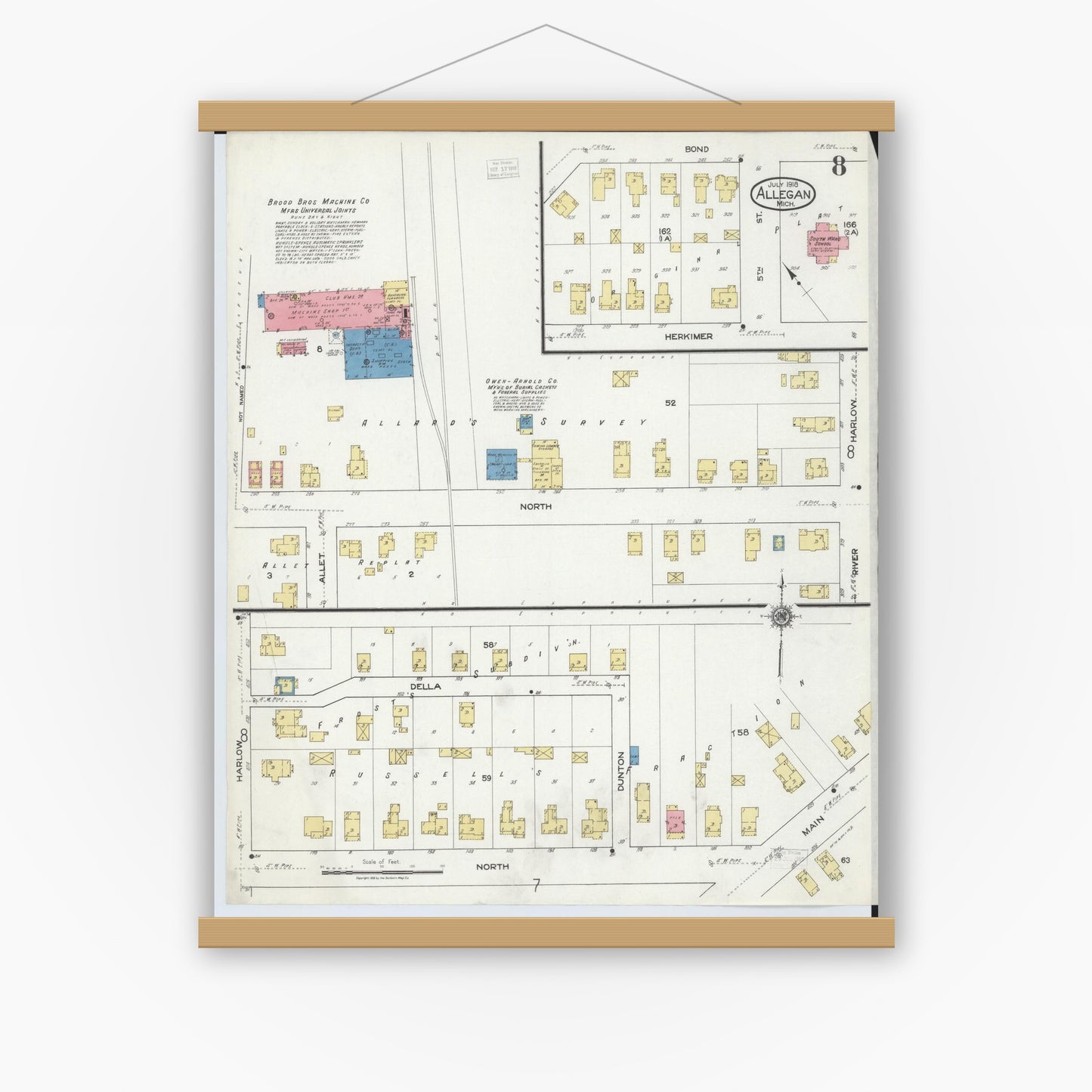 Old map wall art mockup — magnetic wood frame on white wall — Sanborn Fire Insurance Map from Allegan, Allegan County, Michigan (1918), Sheet #0008