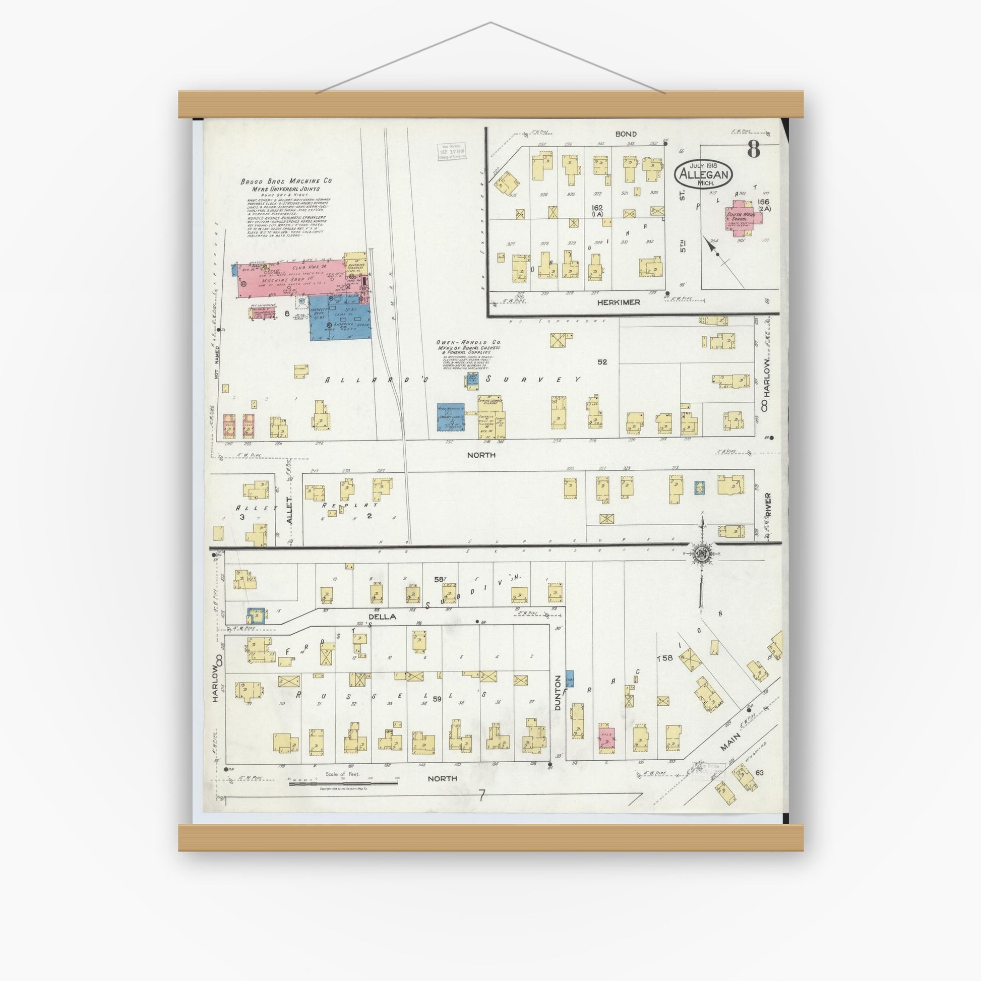Old map wall art mockup — magnetic wood frame on white wall — Sanborn Fire Insurance Map from Allegan, Allegan County, Michigan (1918), Sheet #0008