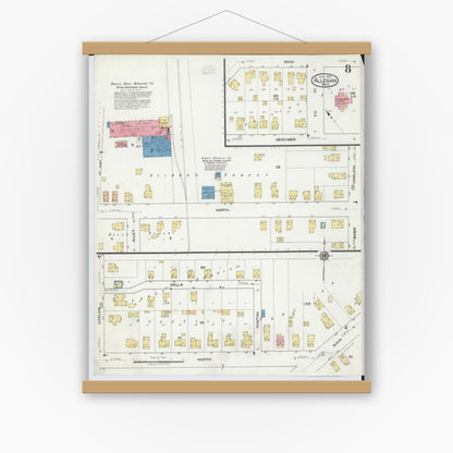 Old map wall art mockup — magnetic wood frame on white wall — Sanborn Fire Insurance Map from Allegan, Allegan County, Michigan (1918), Sheet #0008