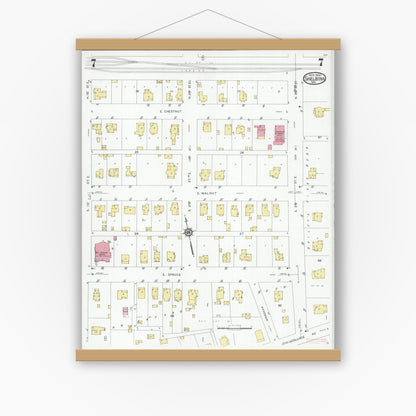 Old map wall art mockup — magnetic wood frame on white wall — Sanborn Fire Insurance Map from Shelbina, Shelby County, Missouri (1930), Sheet #0007