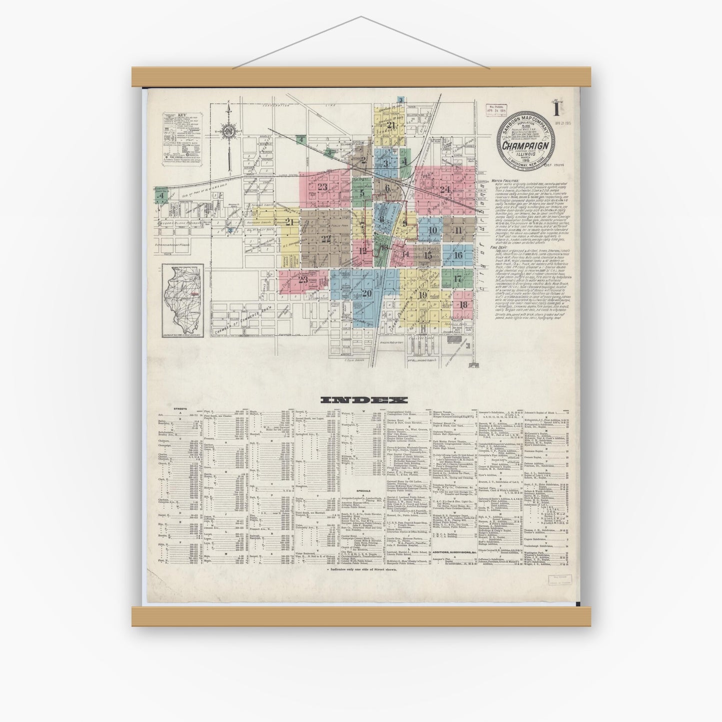 Old map wall art mockup — magnetic wood frame on white wall — Sanborn Fire Insurance Map from Champaign, Champaign County, Illinois (1915) - Complete Map Set