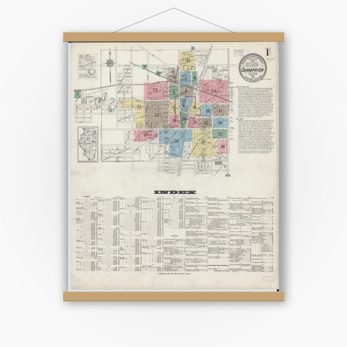 Old map wall art mockup — magnetic wood frame on white wall — Sanborn Fire Insurance Map from Champaign, Champaign County, Illinois (1915) - Complete Map Set