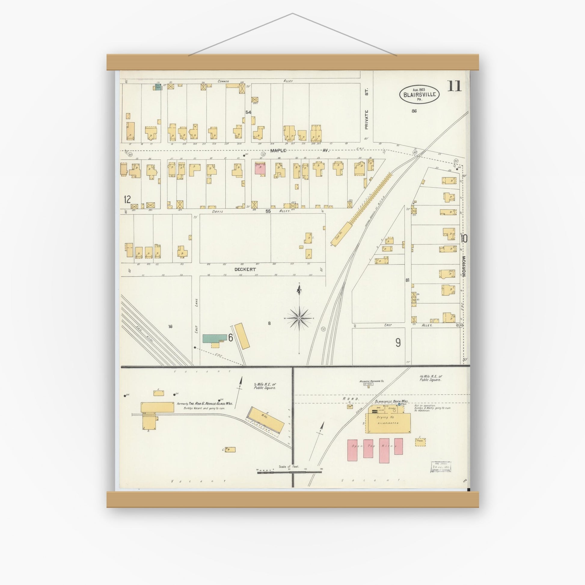 Old map wall art mockup — magnetic wood frame on white wall — Sanborn Fire Insurance Map from Blairsville, Indiana County, Pennsylvania (1903), Sheet #0011