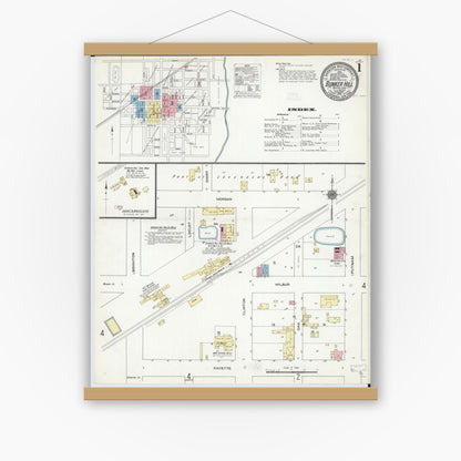 Old map wall art mockup — magnetic wood frame on white wall — Sanborn Fire Insurance Map from Bunker Hill, Macoupin County, Illinois (1910), Sheet #0001