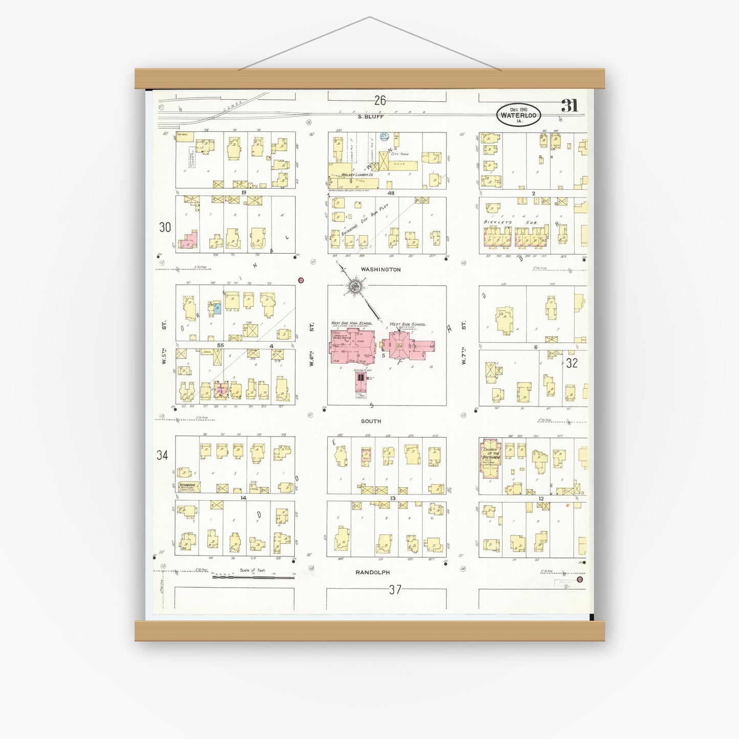 Old map wall art mockup — magnetic wood frame on white wall — Sanborn Fire Insurance Map from Waterloo, Black Hawk County, Iowa (1910), Sheet #0031