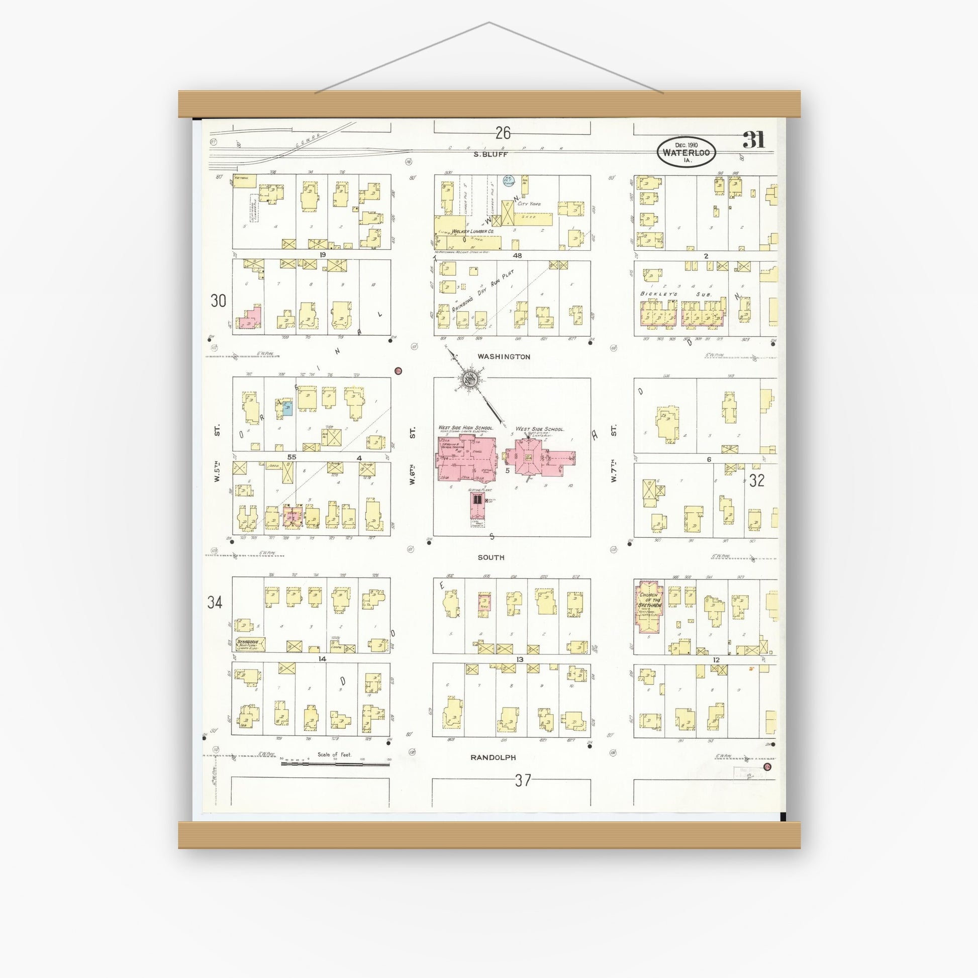 Old map wall art mockup — magnetic wood frame on white wall — Sanborn Fire Insurance Map from Waterloo, Black Hawk County, Iowa (1910), Sheet #0031