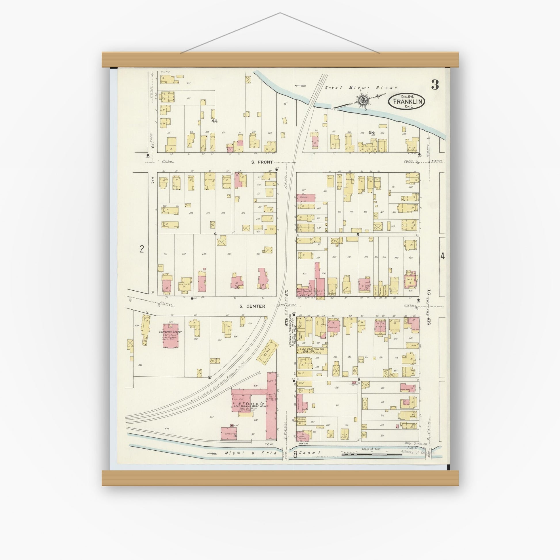 Old map wall art mockup — magnetic wood frame on white wall — Sanborn Fire Insurance Map from Franklin, Warren County, Ohio (1916), Sheet #0003