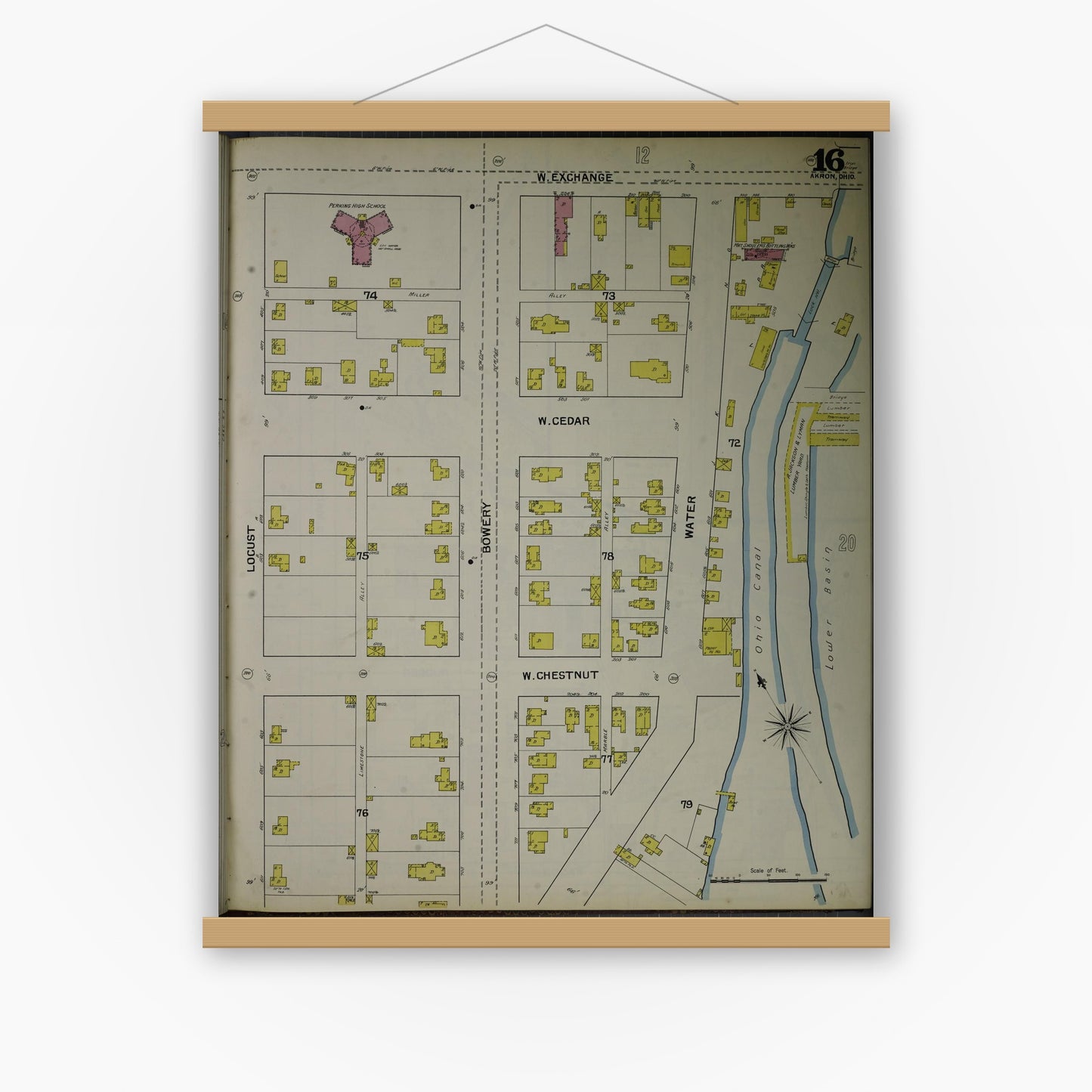 Old map wall art mockup — magnetic wood frame on white wall — Sanborn Fire Insurance Map from Akron, Summit County, Ohio (1892), Sheet #0016