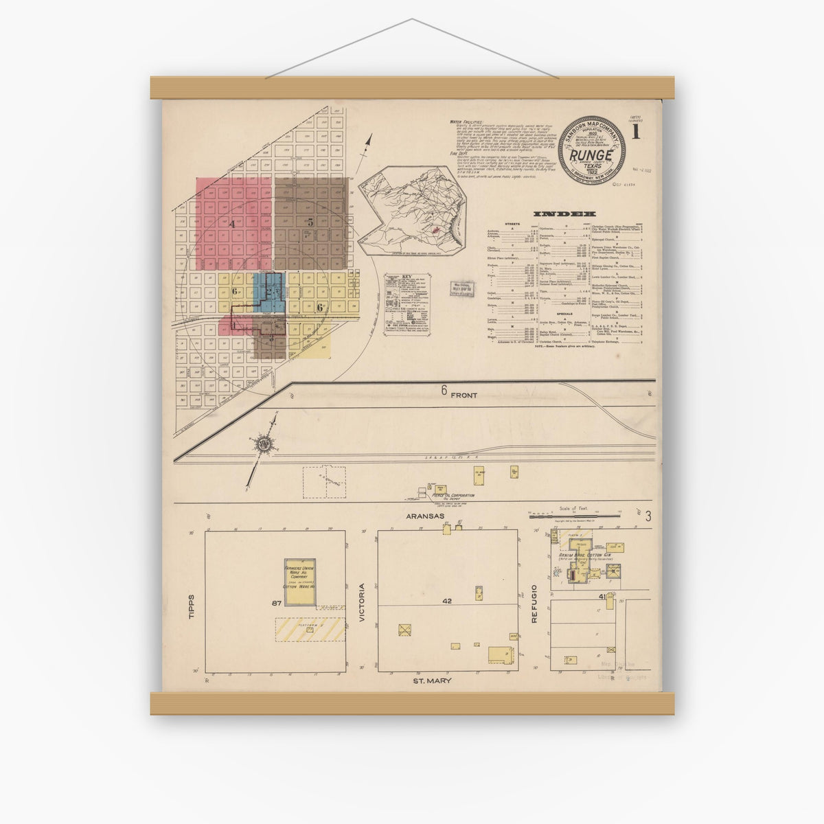 Old map wall art mockup — magnetic wood frame on white wall — Sanborn Fire Insurance Map from Runge, Karnes County, Texas (1922), Sheet #0001