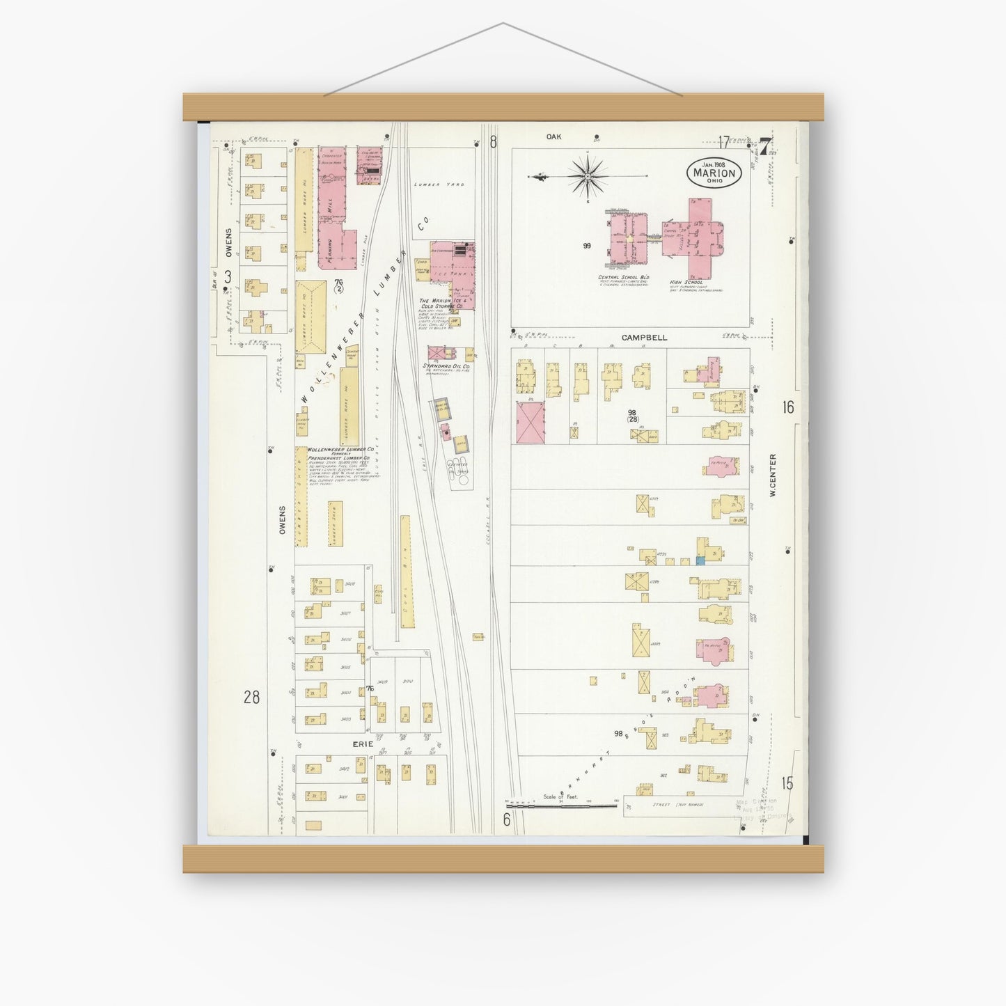 Old map wall art mockup — magnetic wood frame on white wall — Sanborn Fire Insurance Map from Marion, Marion County, Ohio (1908), Sheet #0007