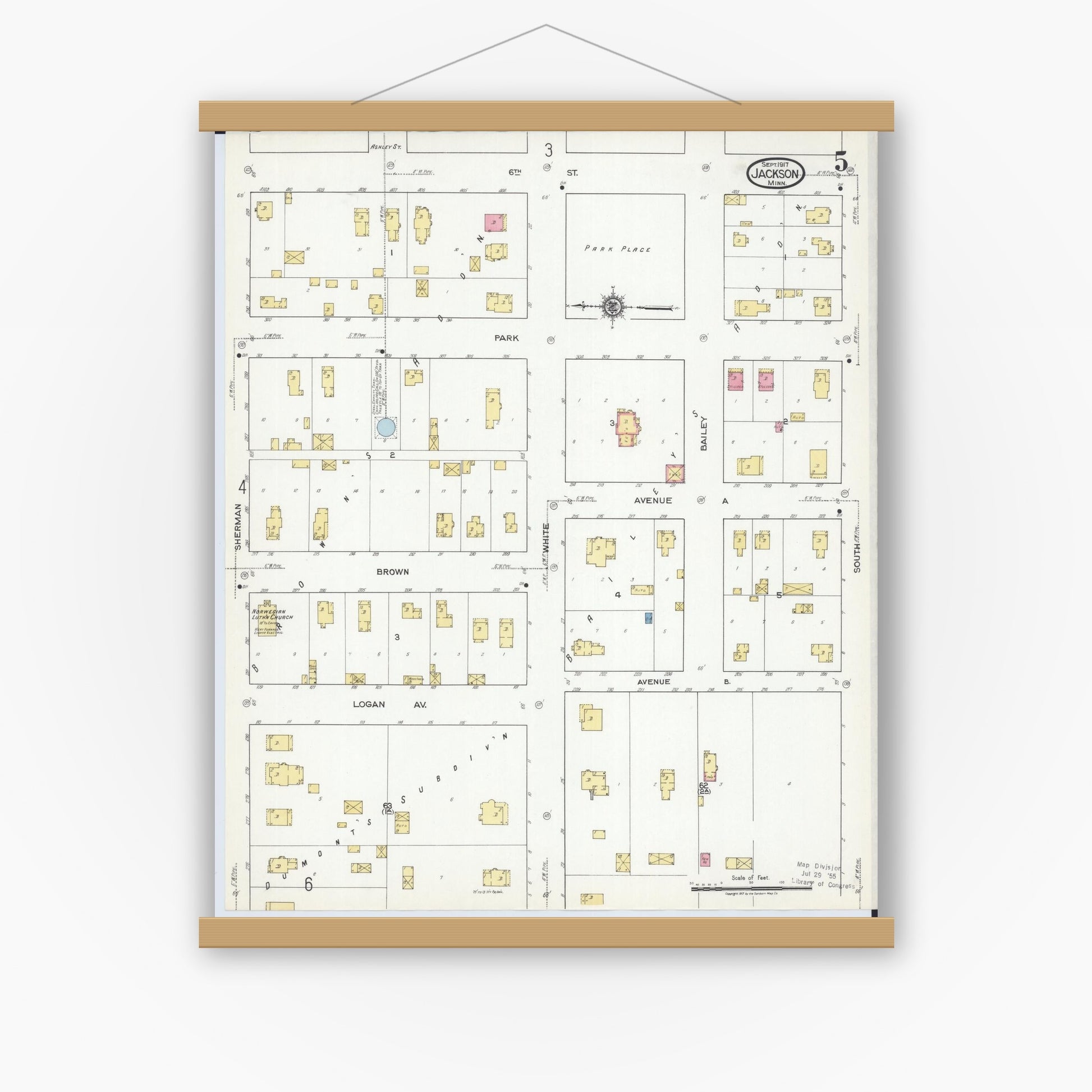 Old map wall art mockup — magnetic wood frame on white wall — Sanborn Fire Insurance Map from Jackson, Jackson County, Minnesota (1917), Sheet #0005