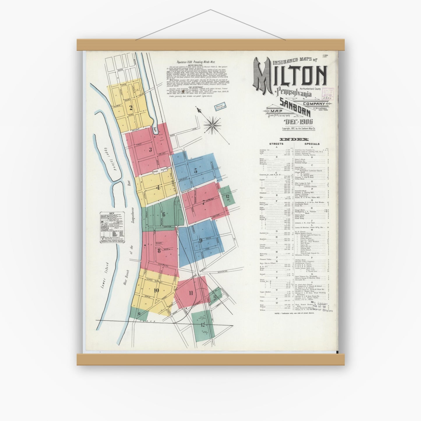 Old map wall art mockup — magnetic wood frame on white wall — Sanborn Fire Insurance Map from Milton, Northumberland County, Pennsylvania (1906), Sheet #0001