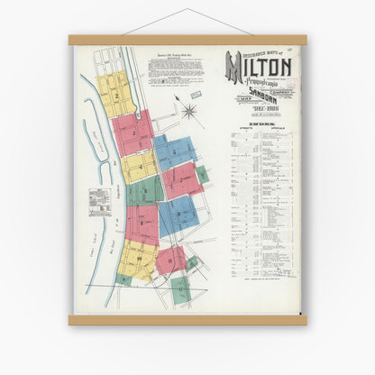 Old map wall art mockup — magnetic wood frame on white wall — Sanborn Fire Insurance Map from Milton, Northumberland County, Pennsylvania (1906), Sheet #0001