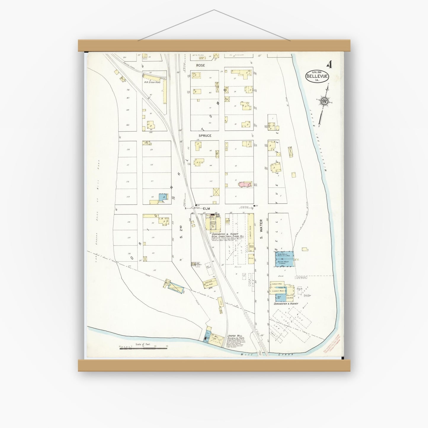 Old map wall art mockup — magnetic wood frame on white wall — Sanborn Fire Insurance Map from Bellevue, Jackson County, Iowa (1914), Sheet #0004