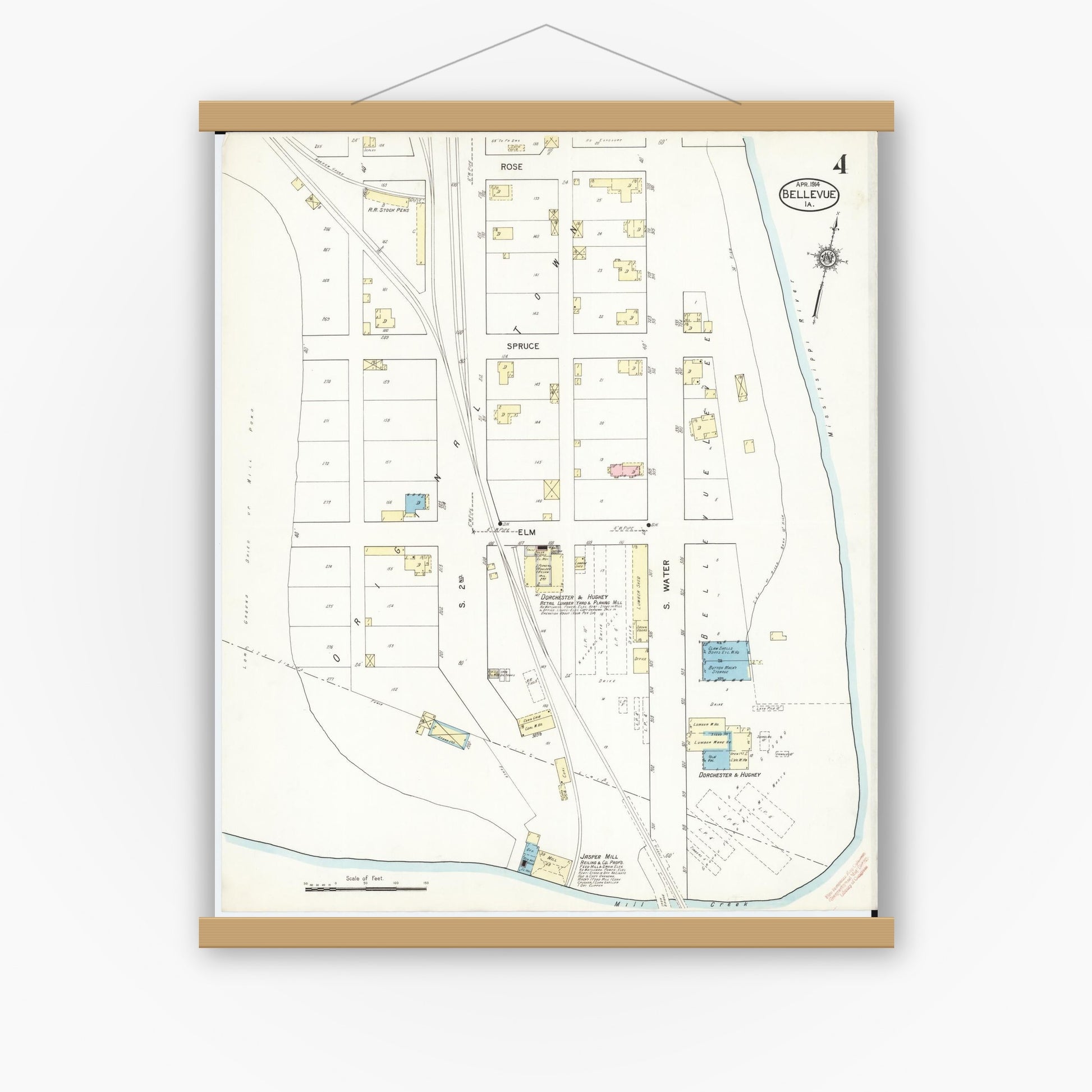 Old map wall art mockup — magnetic wood frame on white wall — Sanborn Fire Insurance Map from Bellevue, Jackson County, Iowa (1914), Sheet #0004