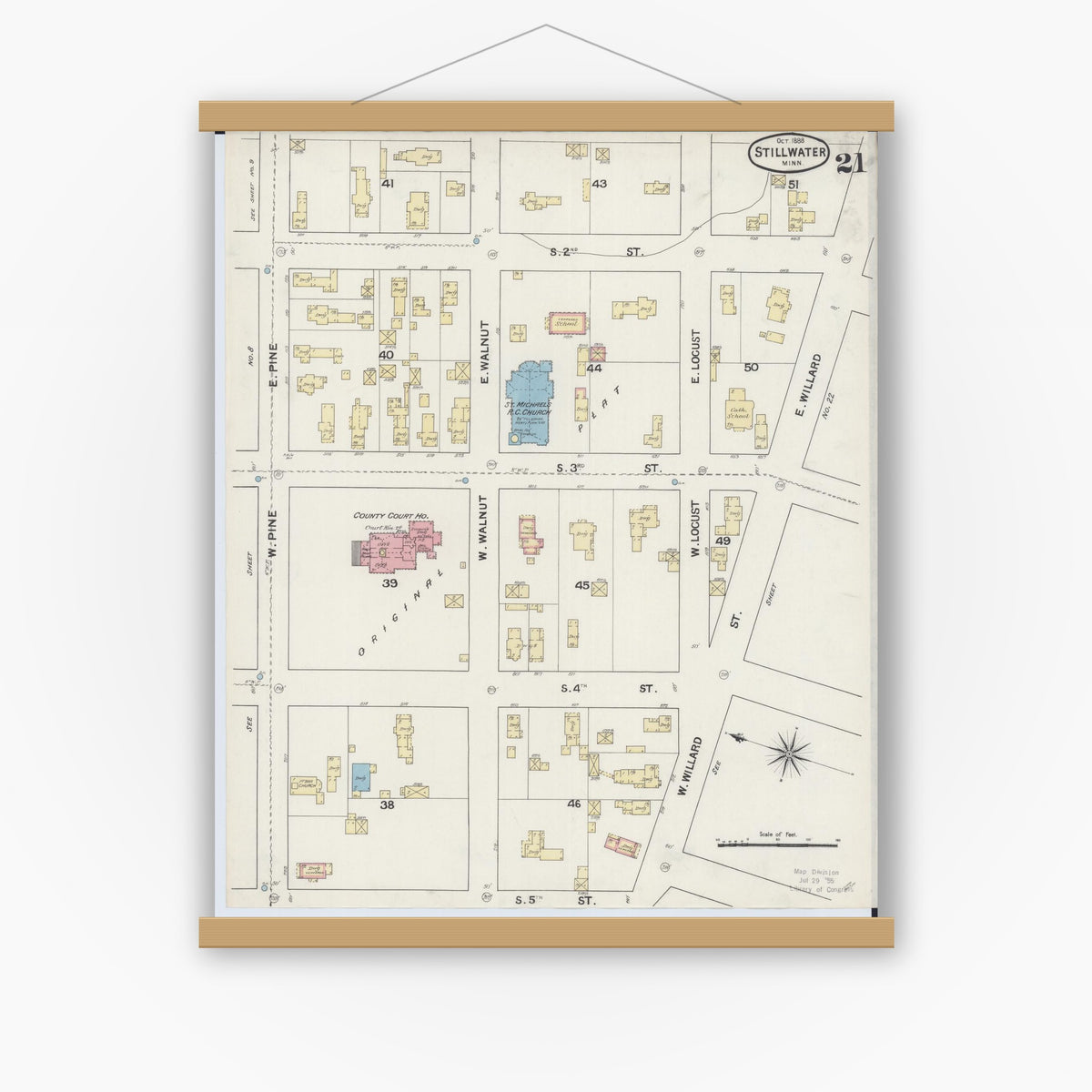 Old map wall art mockup — magnetic wood frame on white wall — Sanborn Fire Insurance Map from Stillwater, Washington County, Minnesota (1888), Sheet #0021