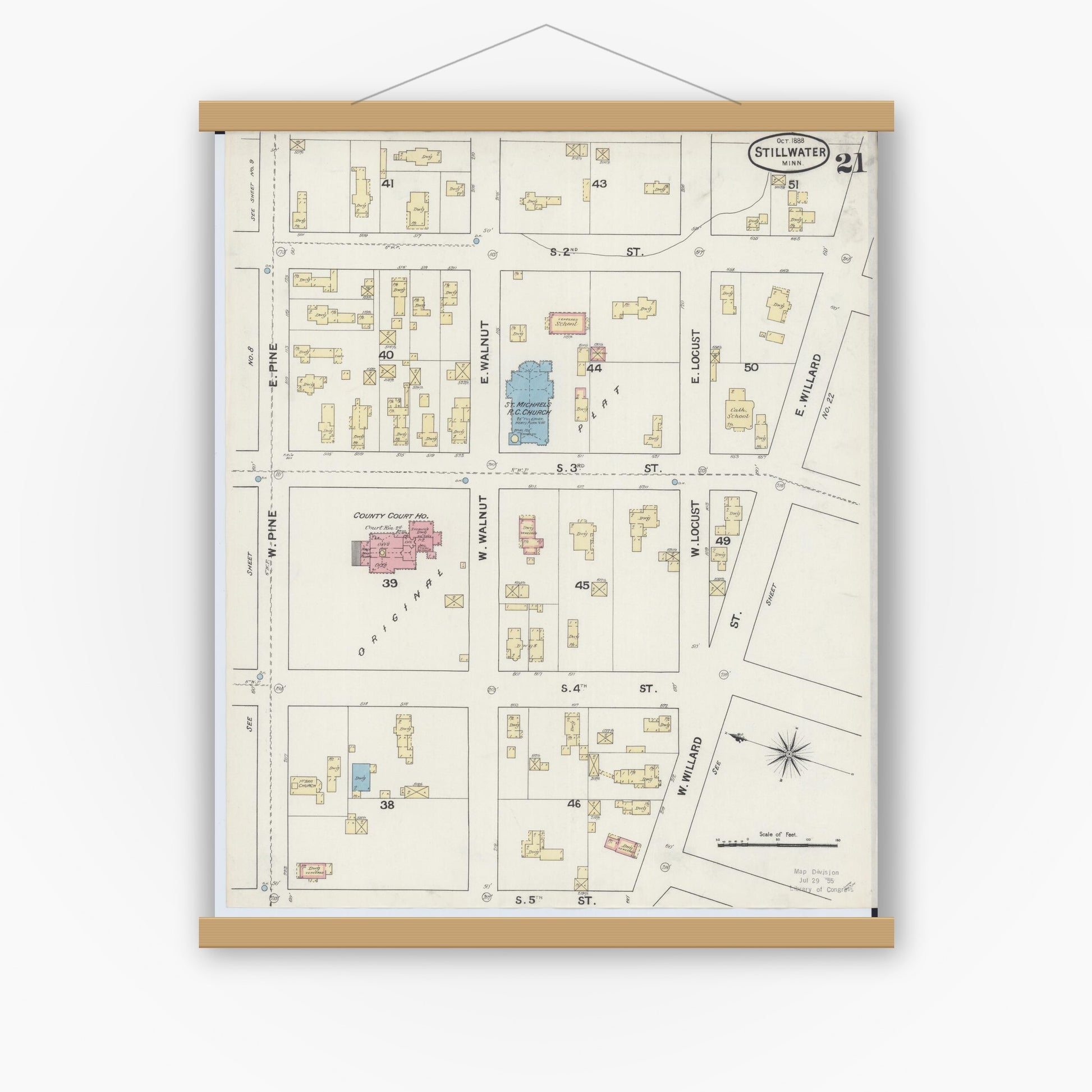 Old map wall art mockup — magnetic wood frame on white wall — Sanborn Fire Insurance Map from Stillwater, Washington County, Minnesota (1888), Sheet #0021