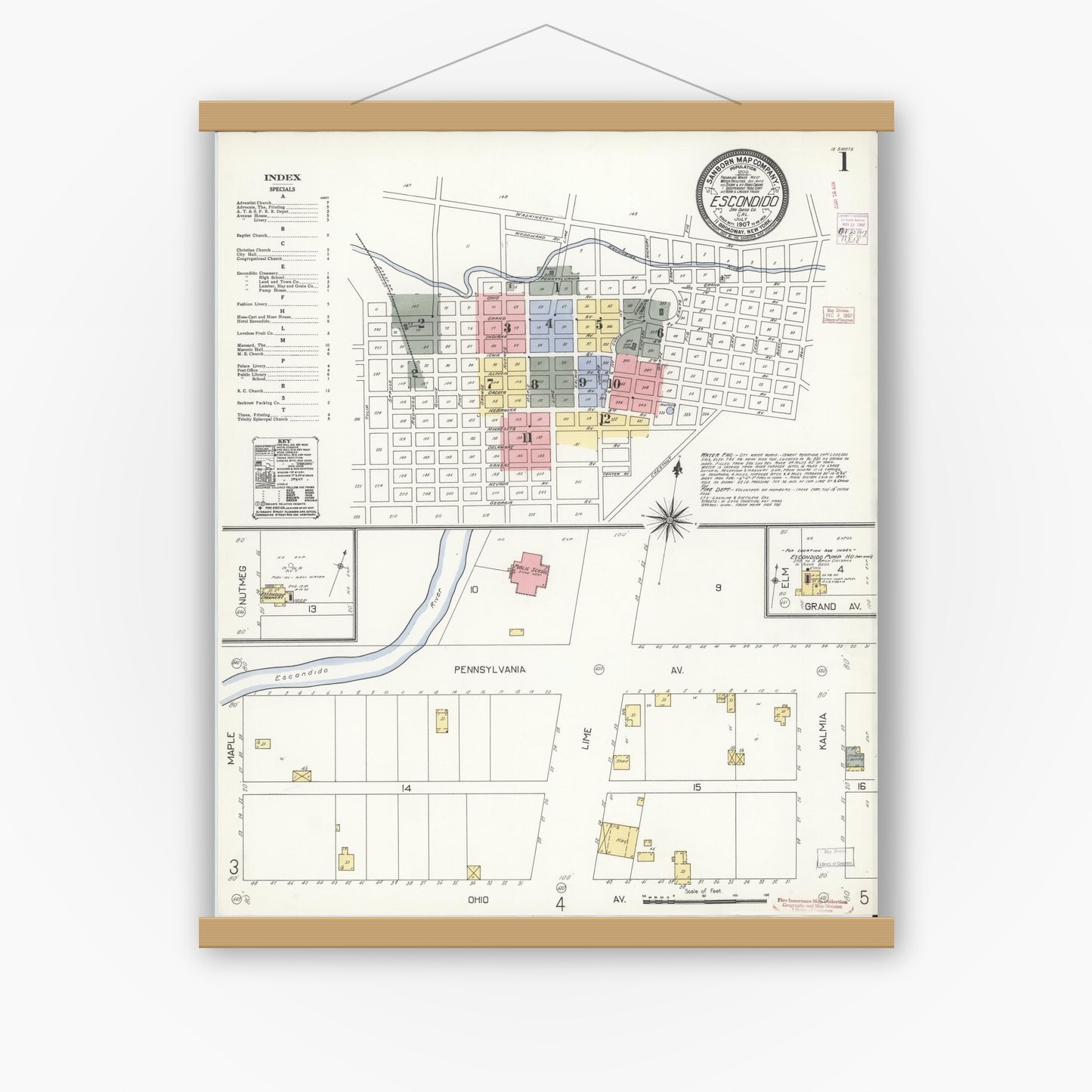 Old map wall art mockup — magnetic wood frame on white wall — Sanborn Fire Insurance Map from Escondido, San Diego County, California (1907), Sheet #0001