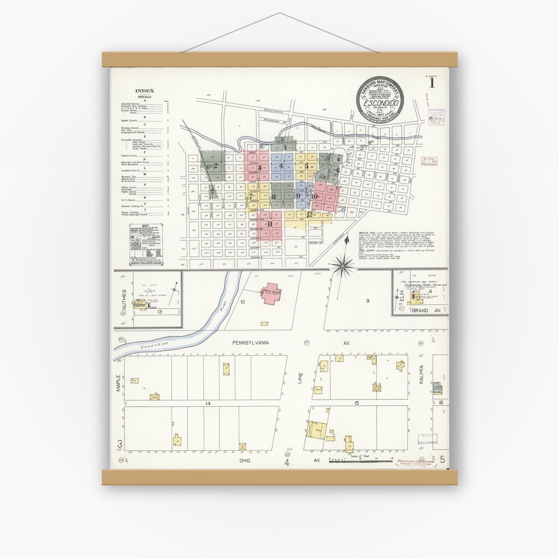 Old map wall art mockup — magnetic wood frame on white wall — Sanborn Fire Insurance Map from Escondido, San Diego County, California (1907), Sheet #0001