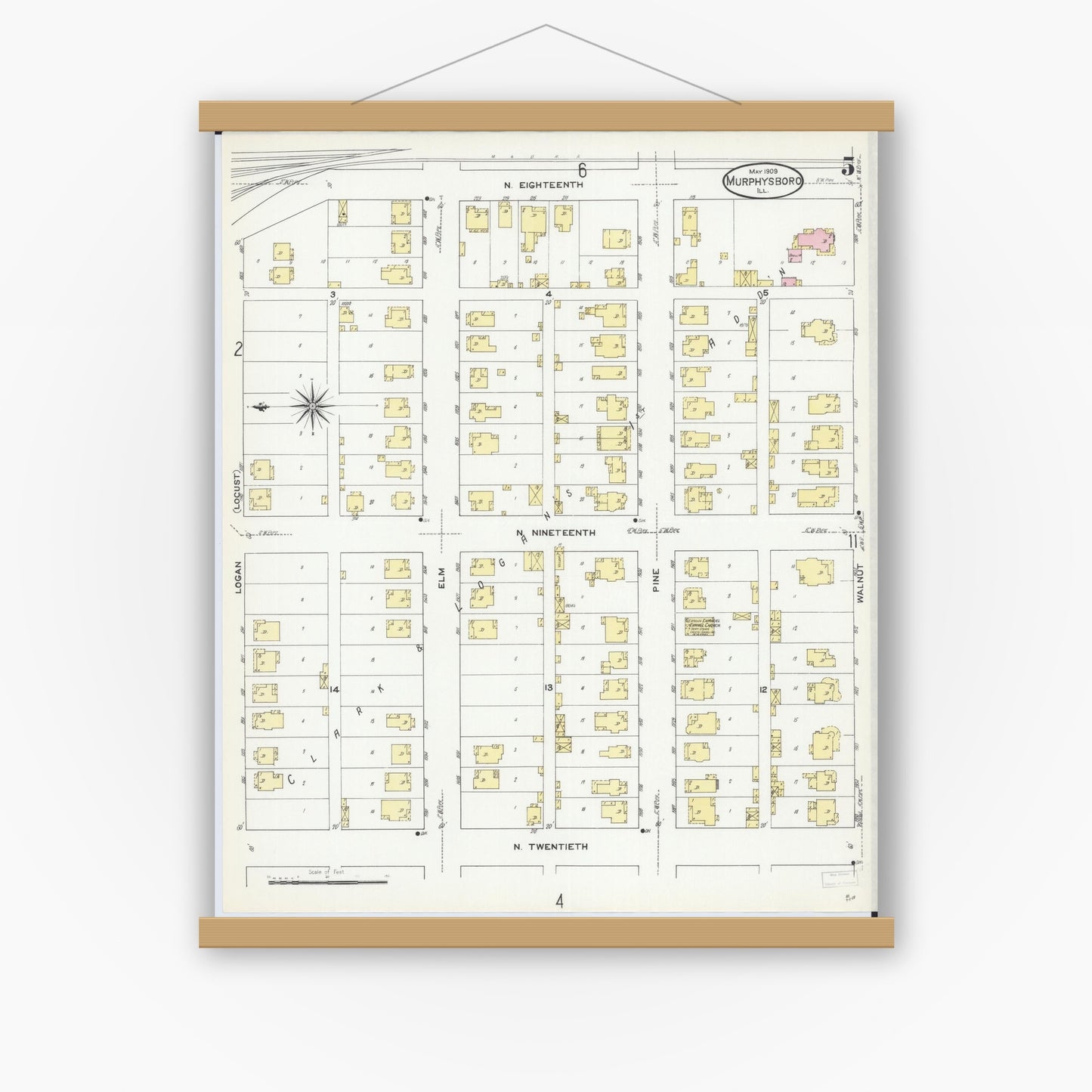 Old map wall art mockup — magnetic wood frame on white wall — Sanborn Fire Insurance Map from Murphysboro, Jackson County, Illinois (1909), Sheet #0005