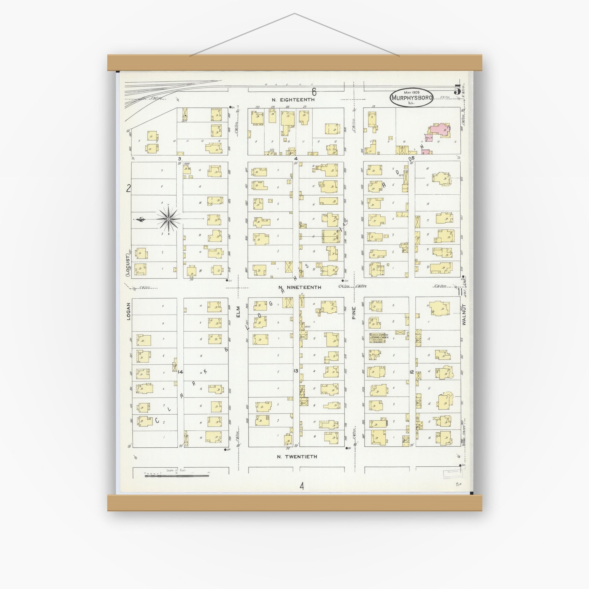 Old map wall art mockup — magnetic wood frame on white wall — Sanborn Fire Insurance Map from Murphysboro, Jackson County, Illinois (1909), Sheet #0005