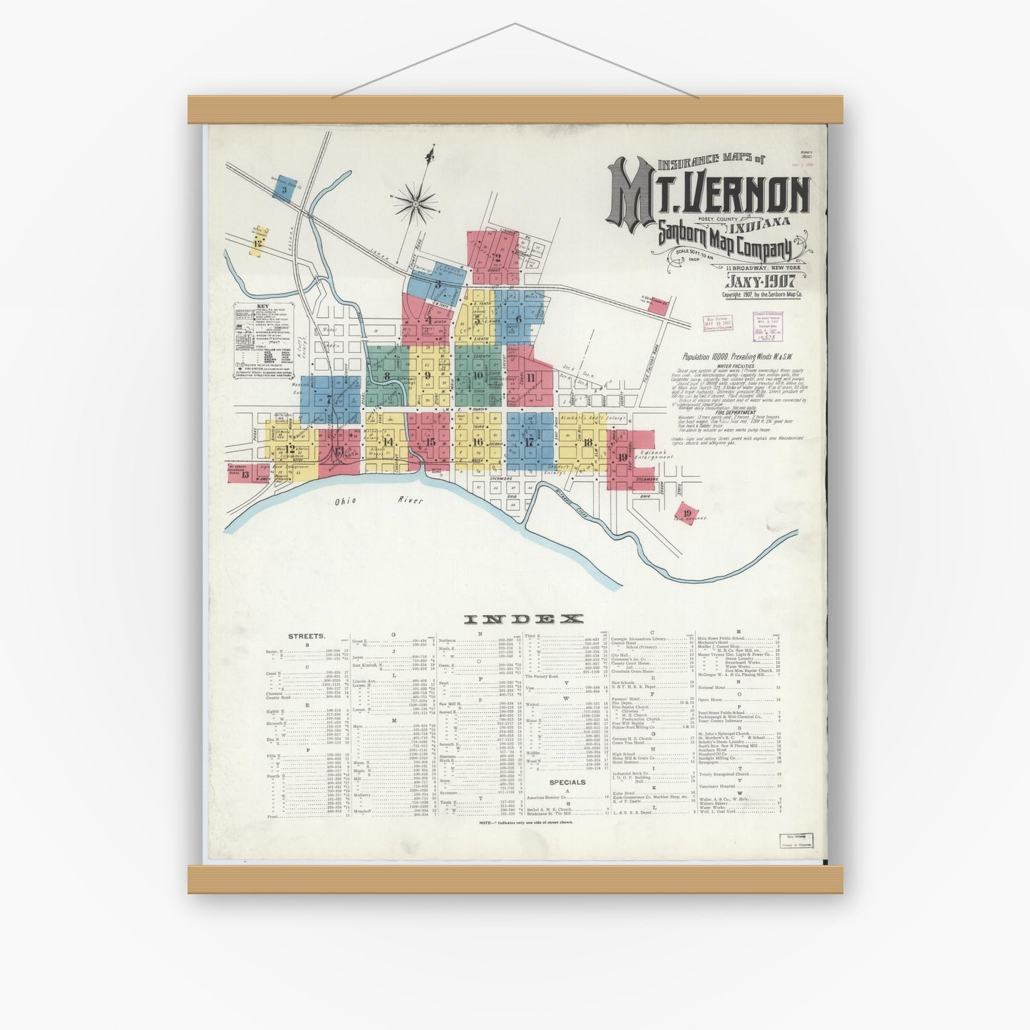 Old map wall art mockup — magnetic wood frame on white wall — Sanborn Fire Insurance Map from Mount Vernon, Posey County, Indiana (1907) - Complete Map Set