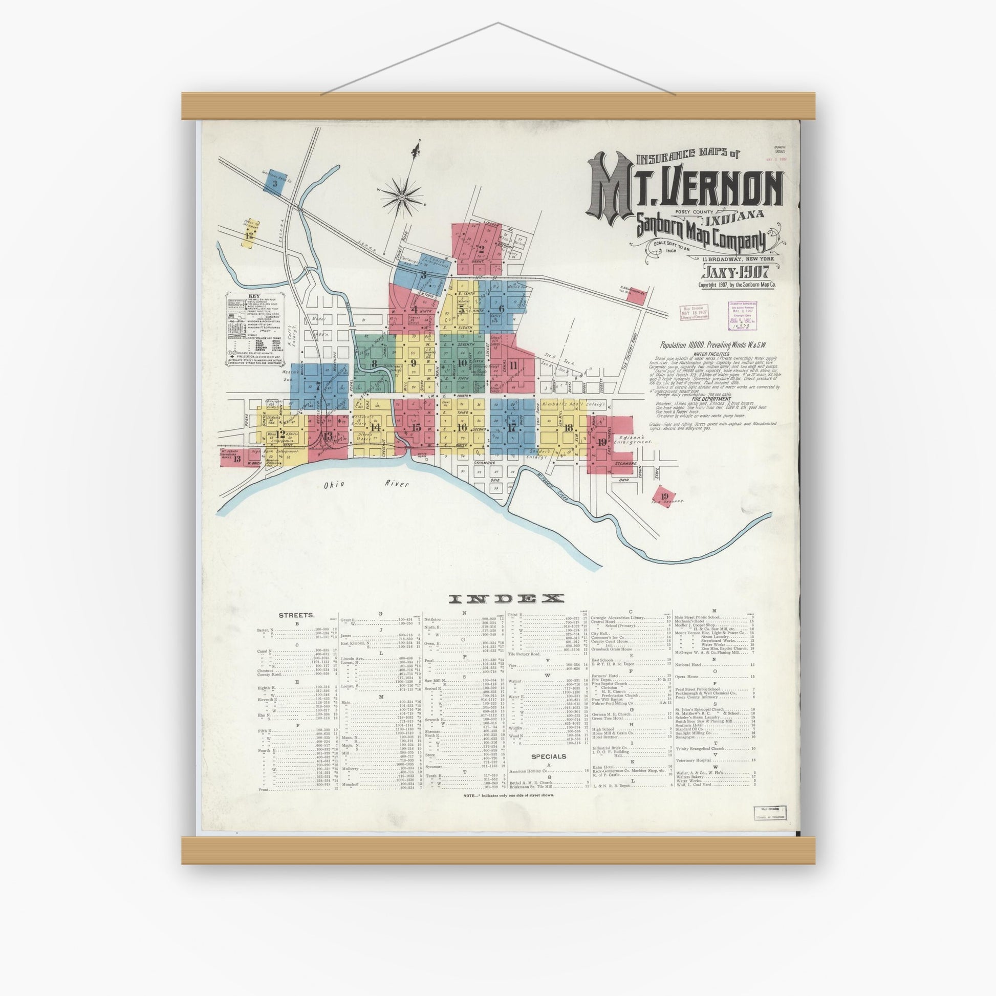 Old map wall art mockup — magnetic wood frame on white wall — Sanborn Fire Insurance Map from Mount Vernon, Posey County, Indiana (1907) - Complete Map Set