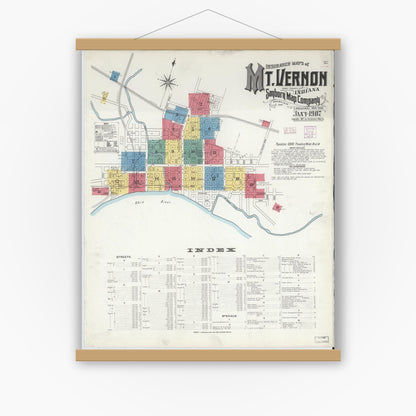 Old map wall art mockup — magnetic wood frame on white wall — Sanborn Fire Insurance Map from Mount Vernon, Posey County, Indiana (1907) - Complete Map Set