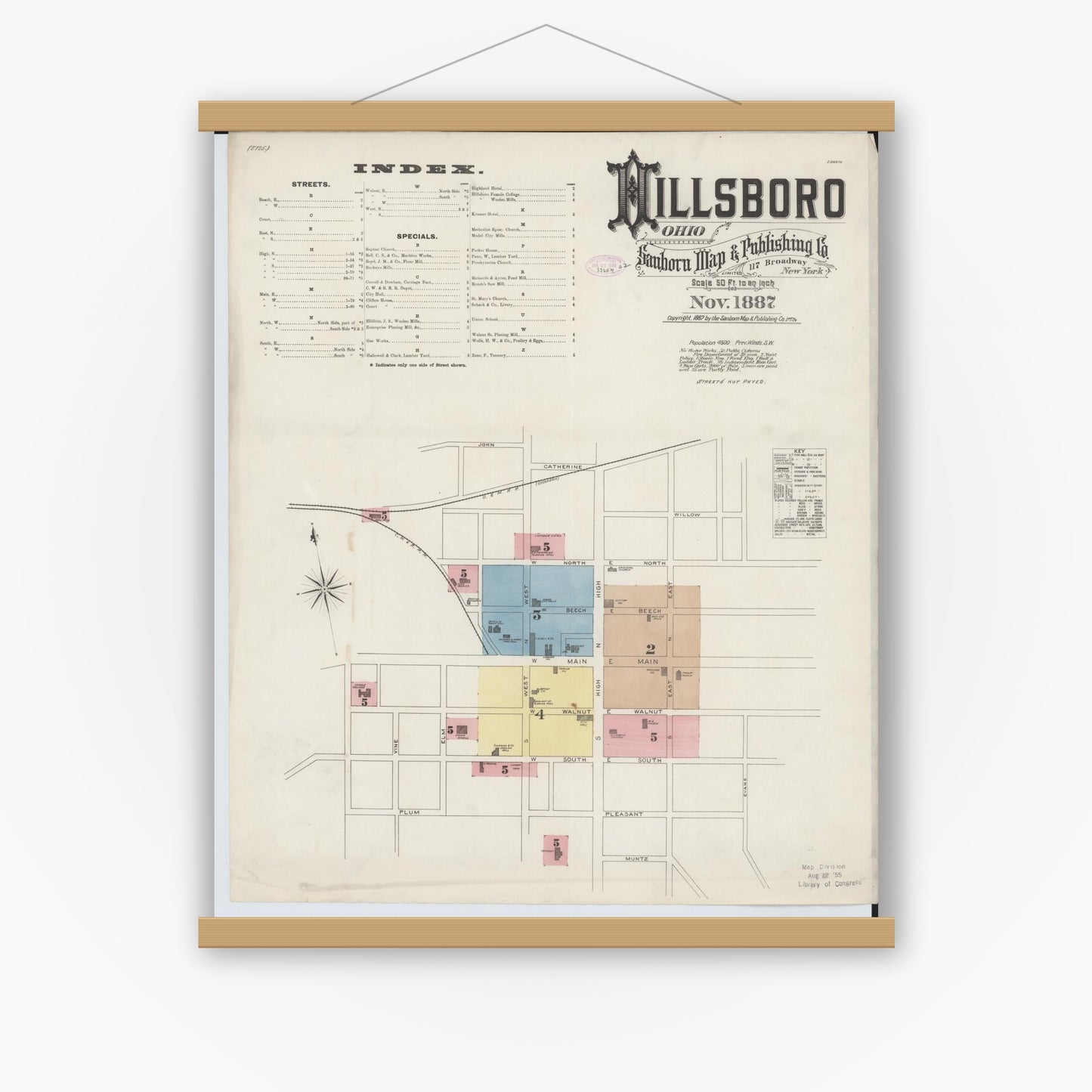 Old map wall art mockup — magnetic wood frame on white wall — Sanborn Fire Insurance Map from Hillsboro, Highland County, Ohio (1887), Sheet #0001