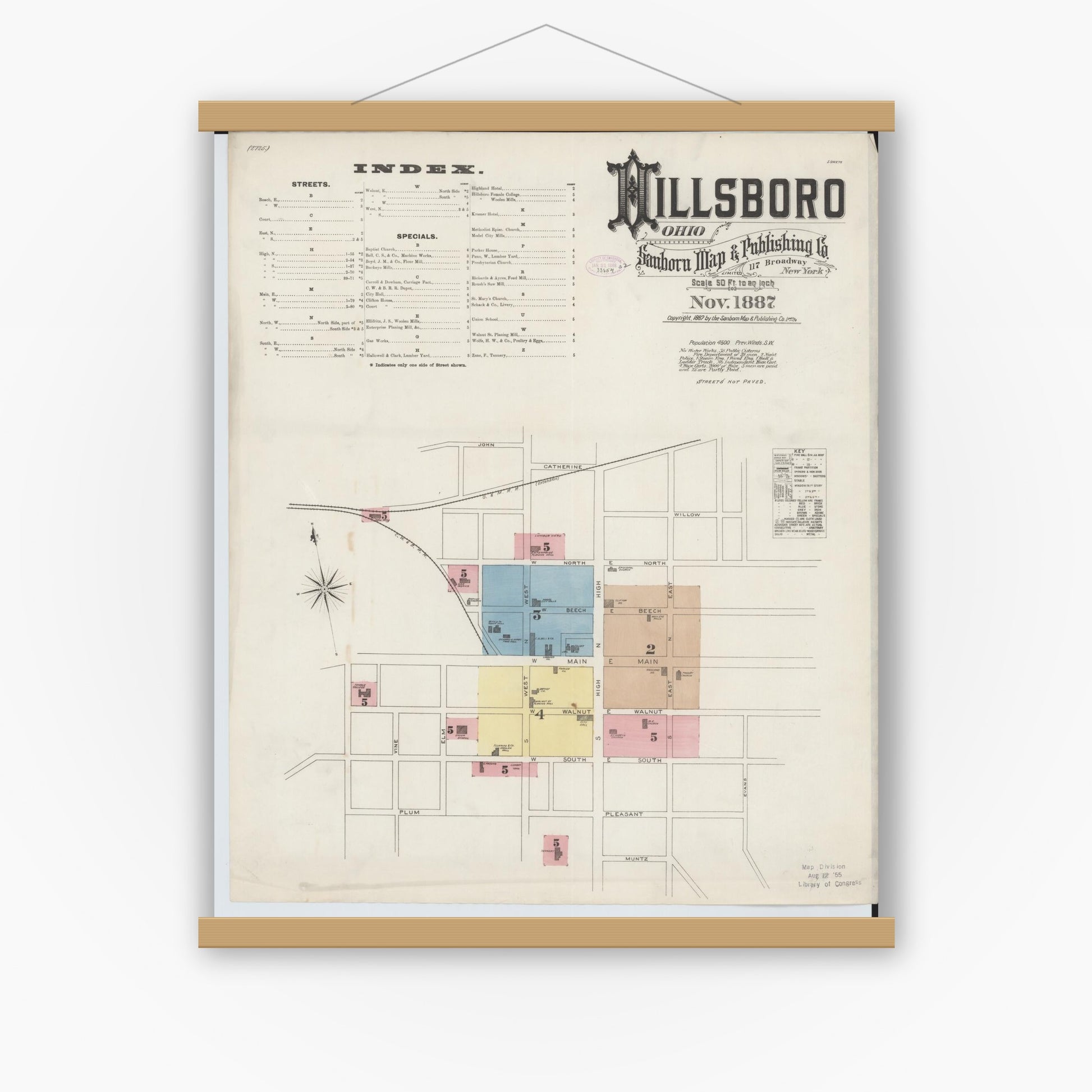 Old map wall art mockup — magnetic wood frame on white wall — Sanborn Fire Insurance Map from Hillsboro, Highland County, Ohio (1887), Sheet #0001